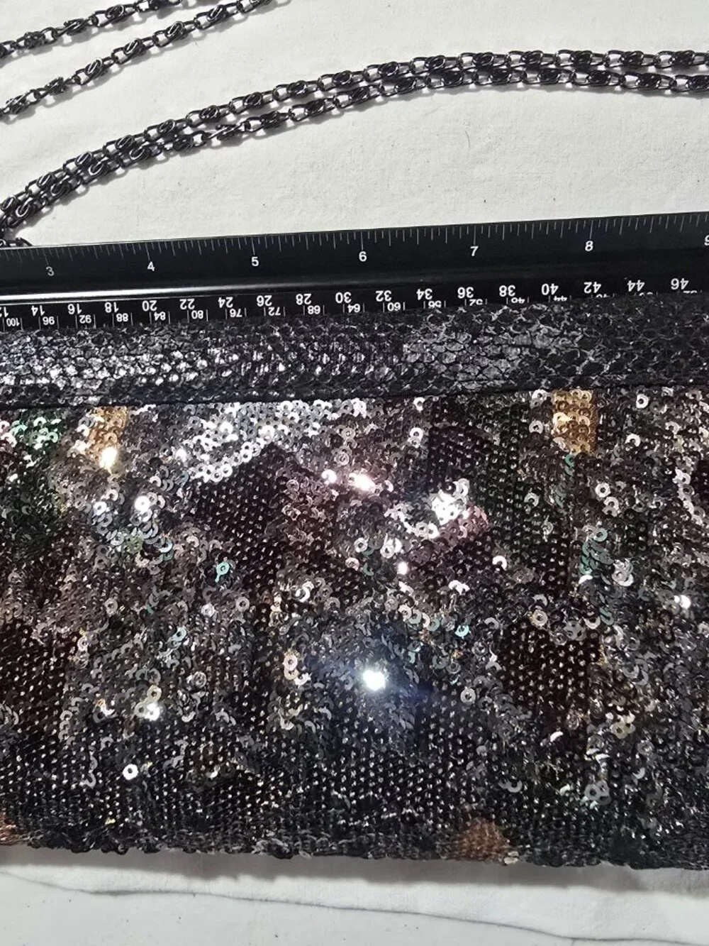 Big Buddha Santa Barbara Black Sequin Faux Snakeskin Evening Clutch Chain Strap